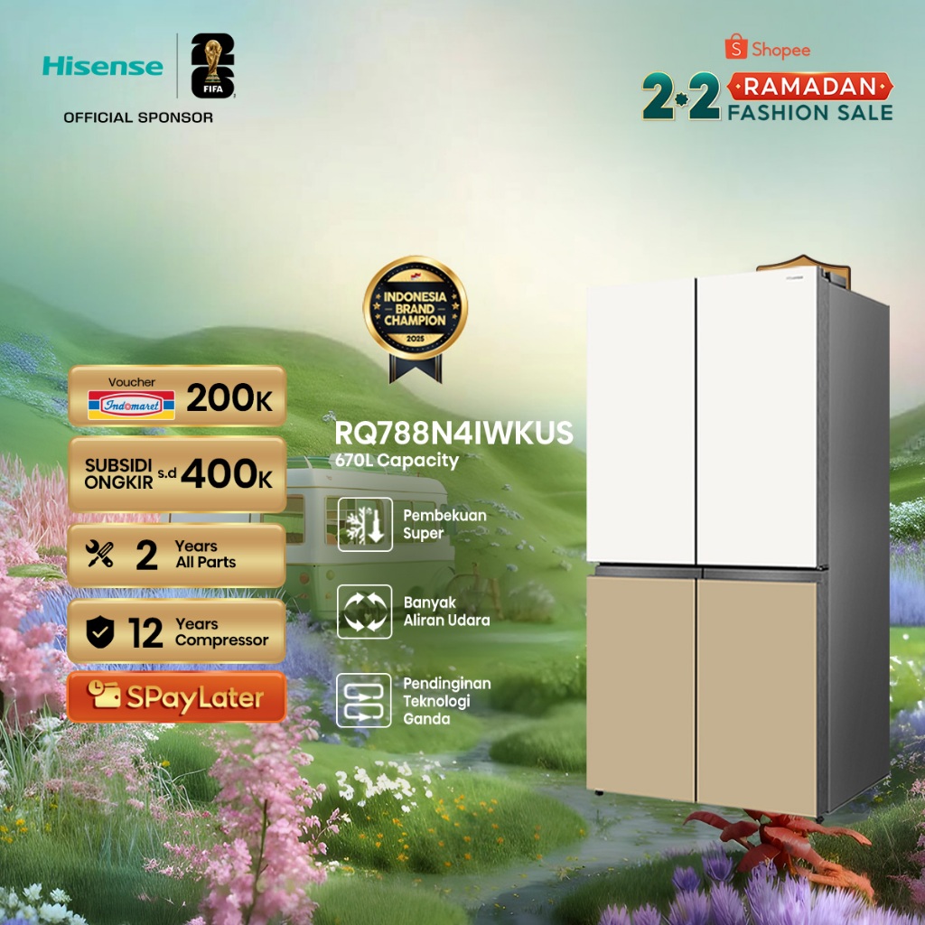 Hisense Kulkas RQ788N4IWKUS Refrigerator 4 Pintu Kapasitas 670L Warna Putih Glass Door Inverter Pro 