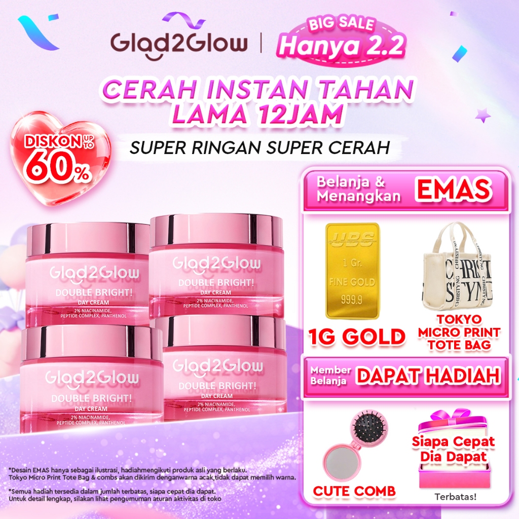 Glad2Glow Double Bright Tone up Cream Day Cream Cerah Instan Niacinamide Moisturizer brightening waj