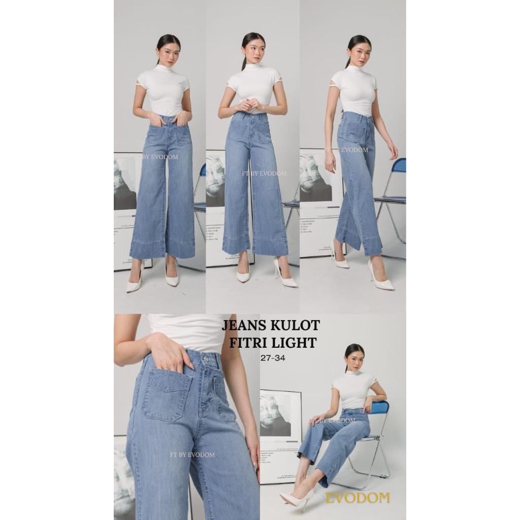 Celana Jeans Kulot Skena Wanita Fitri Light Blue Bahan Jeans Non Melar Evodom Jeans