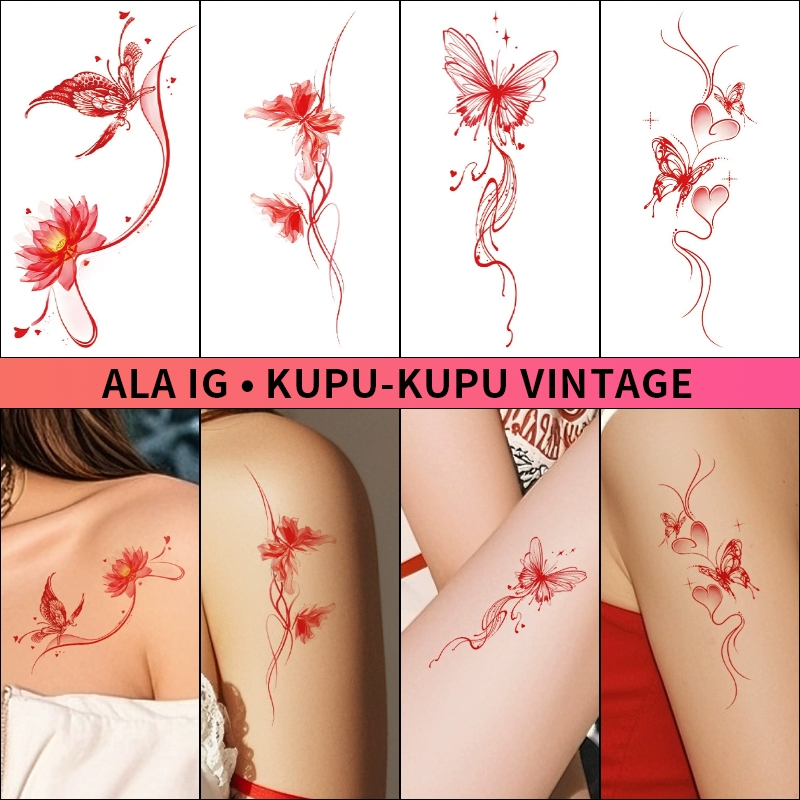 Stiker Tato Temporer  Kupu-Kupu Vintage Merah  | Ala IG | Serbaguna/ Tato temporer tahan air 3D/tato