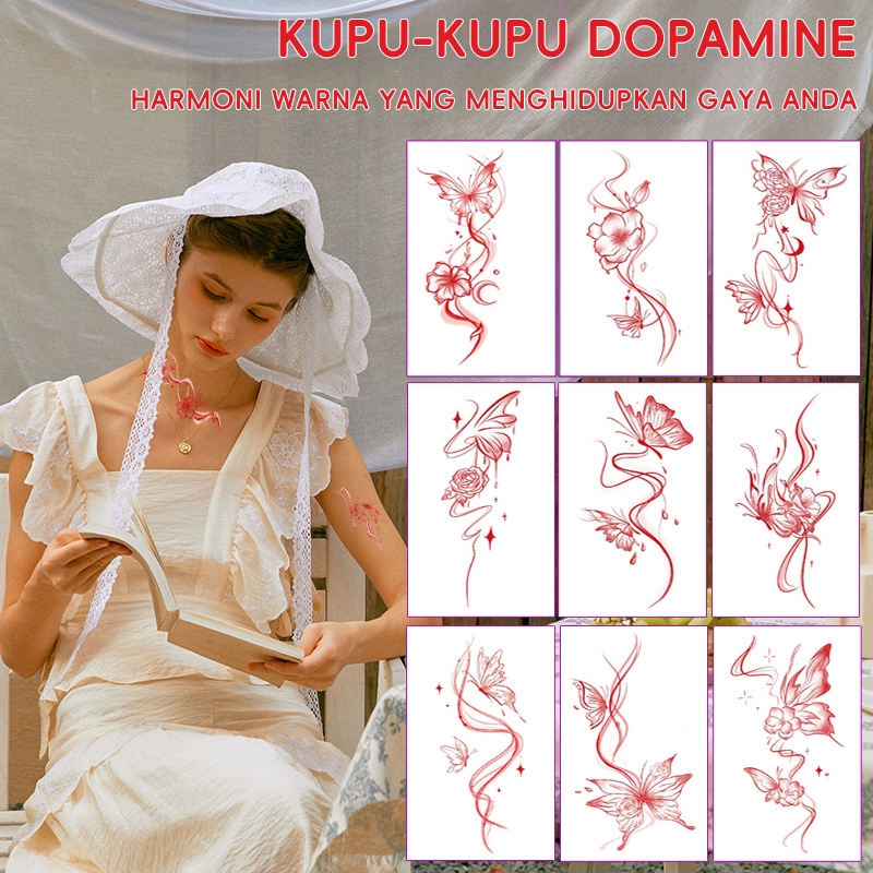 10pcs/set | Stiker Tato Temporer  Kupu-Kupu Vintage Merah | Tahan Air | Ala IG | Serbaguna/Tato temp