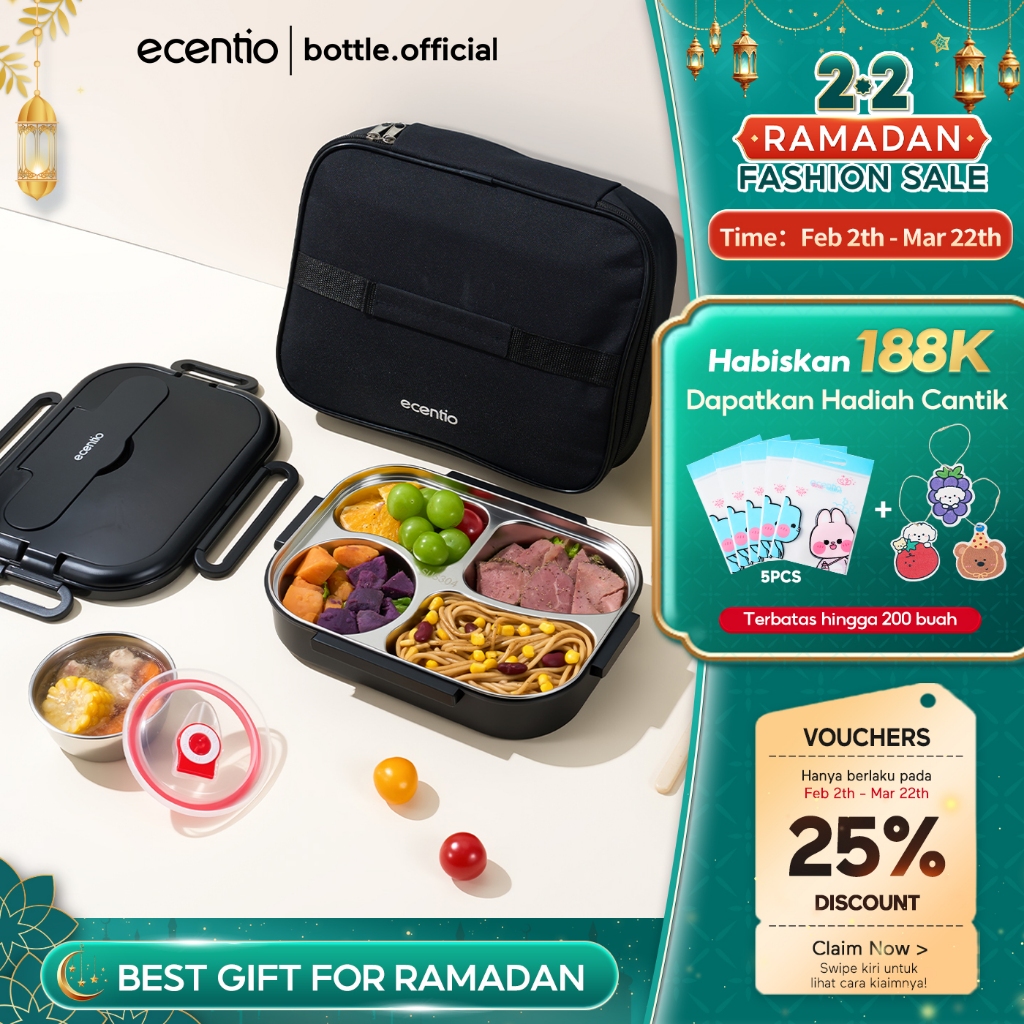 ecentio lunch box stainless /Kotak Makan 4 Sekat Tahan Panas Dan Anti Tumpah tempat makan