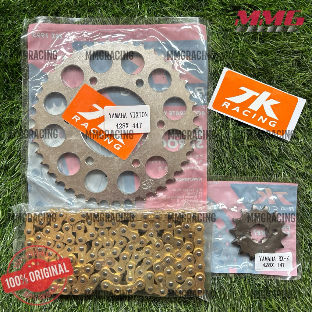Original Gear TK RACING Set 428 + Rantai Gold Polos untuk motor Vixion Lama, Vixion Baru, MxKing150,
