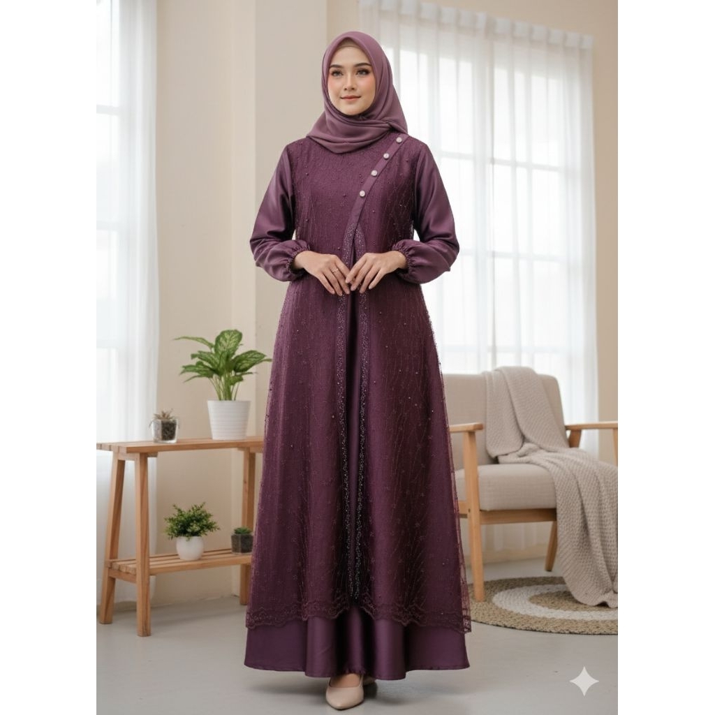 Liliarda Gamis Silk Kombinasi Tile Elegan Adem Nyaman Dress Brokat Kondangan untuk Tampilan Mewah  M