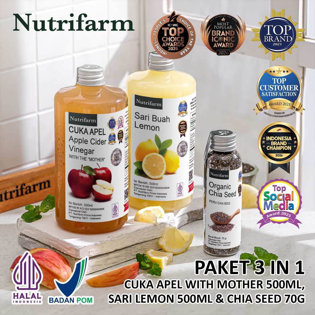 NUTRIFARM PAKET DIET CUKA APEL 3 IN 1 CUKA APEL SARI LEMON CHIA SEED ORIGINAL ORGANIK 500ML / APPLE 