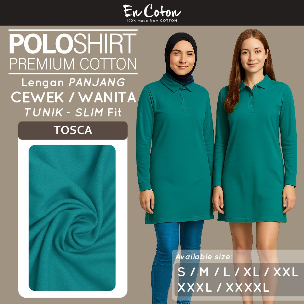 ENCOTON Kaos Kerah Polo Dress Tunik Terusan Wanita Cewek TOSCA Tangan Lengan Panjang