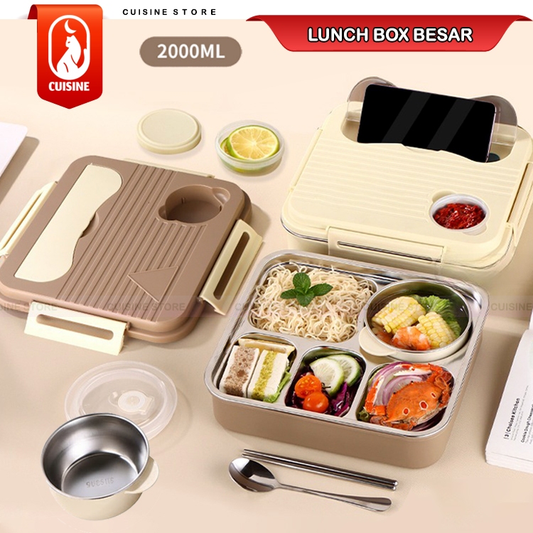 Lunch Box Polos Besar 2000ML Stainless Steel Sekat | Kotak Makan Anti Bocor