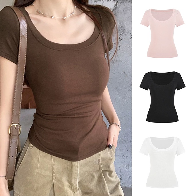 MYBRAND | COD | Kaos lengan pendek leher U berwarna cokelat untuk wanita | gaya musim panas | atasan