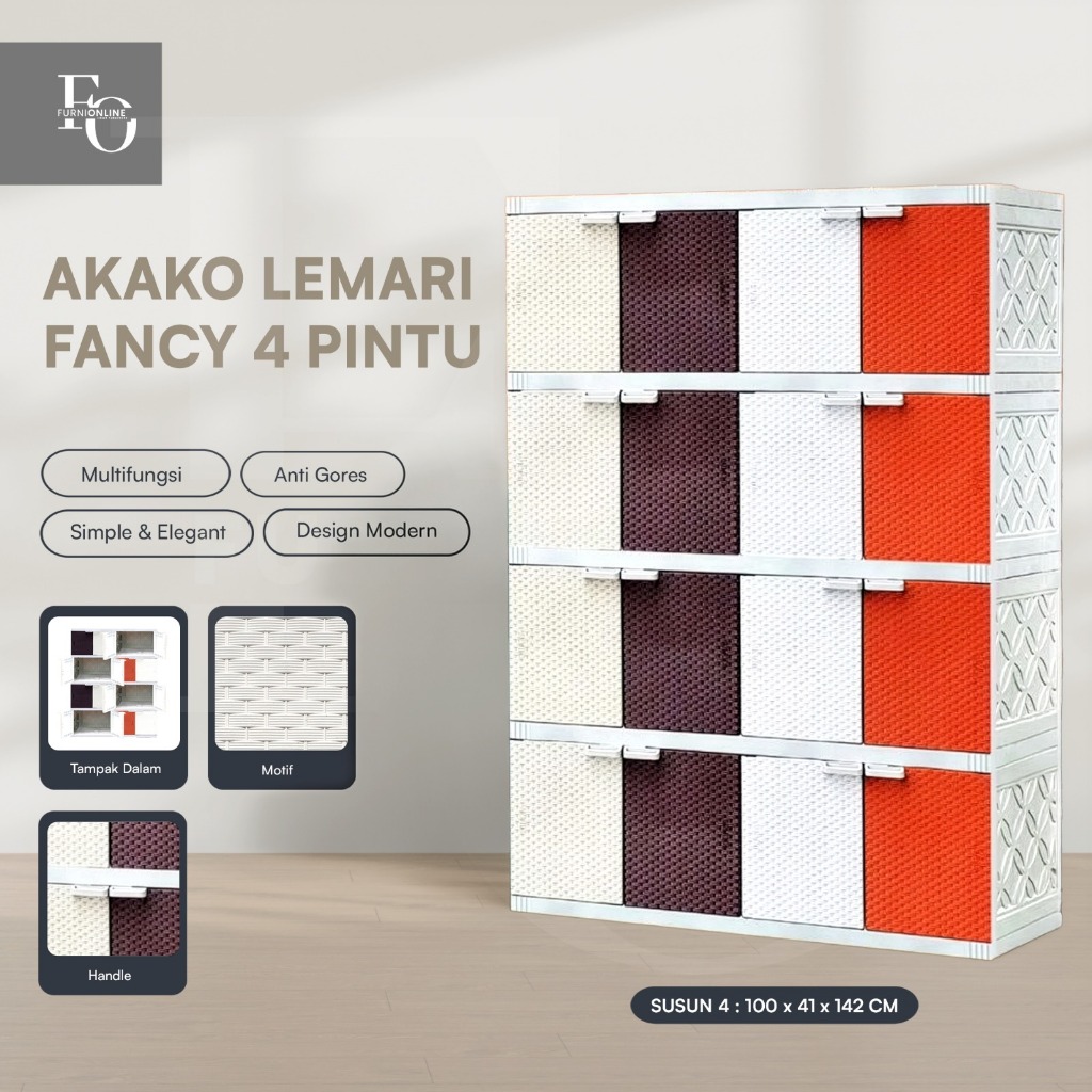 AKAKO - Lemari Pakaian Plastik JUMBO Akako Fancy 4 Pintu Rotan Susun 2, 3, 4, dan 5