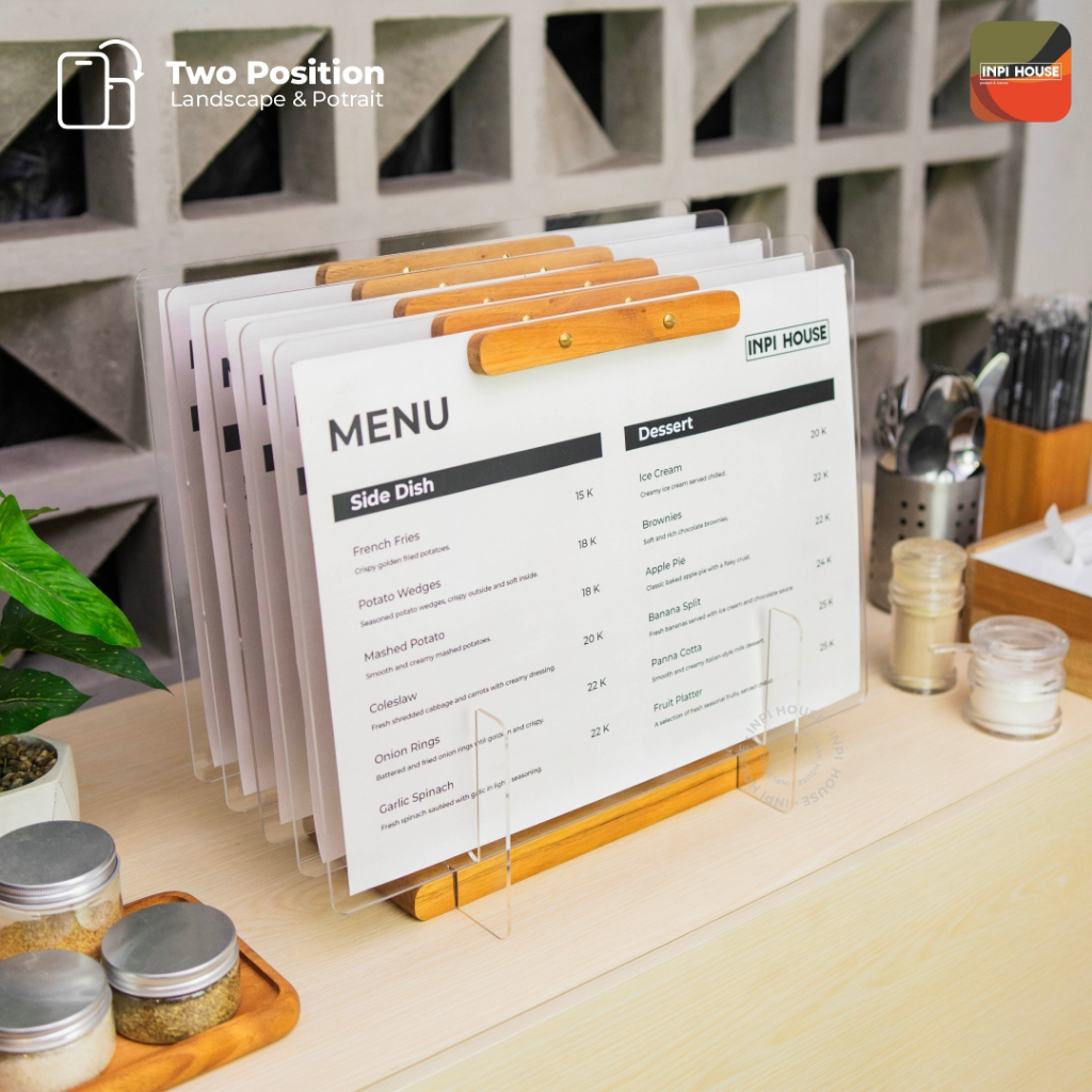 INPI HOUSE Menu Board, Stand - Papan Tanda Display Menu A3, Rak Papan Menu - Kayu + Akrilik