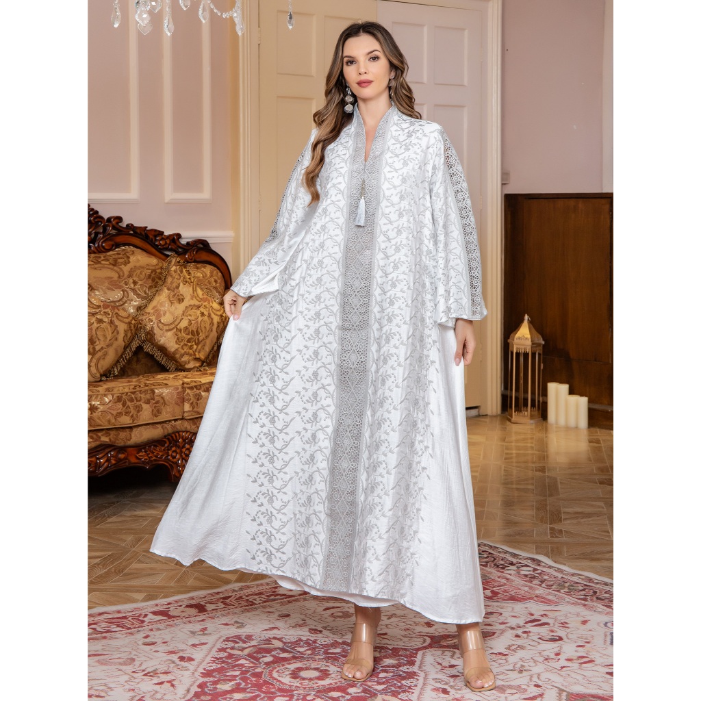 MOTAHAJIBA Gamis Putih Brukat Tile Bordir Ceruty Full Furing