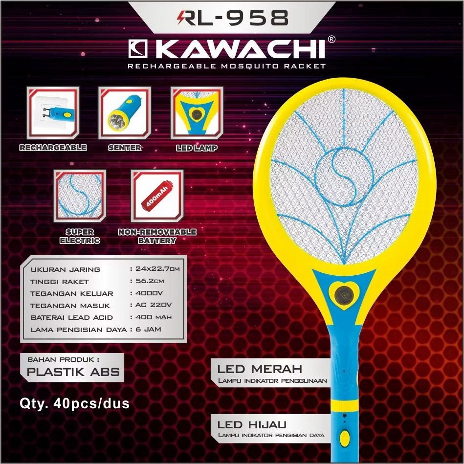 ORIGINAL RAKET NYAMUK CAS KAWACHI RL-958 RAKET NYAMUK LAMPU LED RAKET CAS NYAMUK