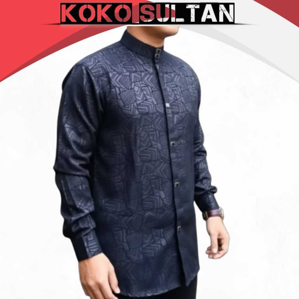 Baju Koko Sultan Lengan Panjang Pria Wolfis Motif Emboss Hitam Putih Coksu Navy