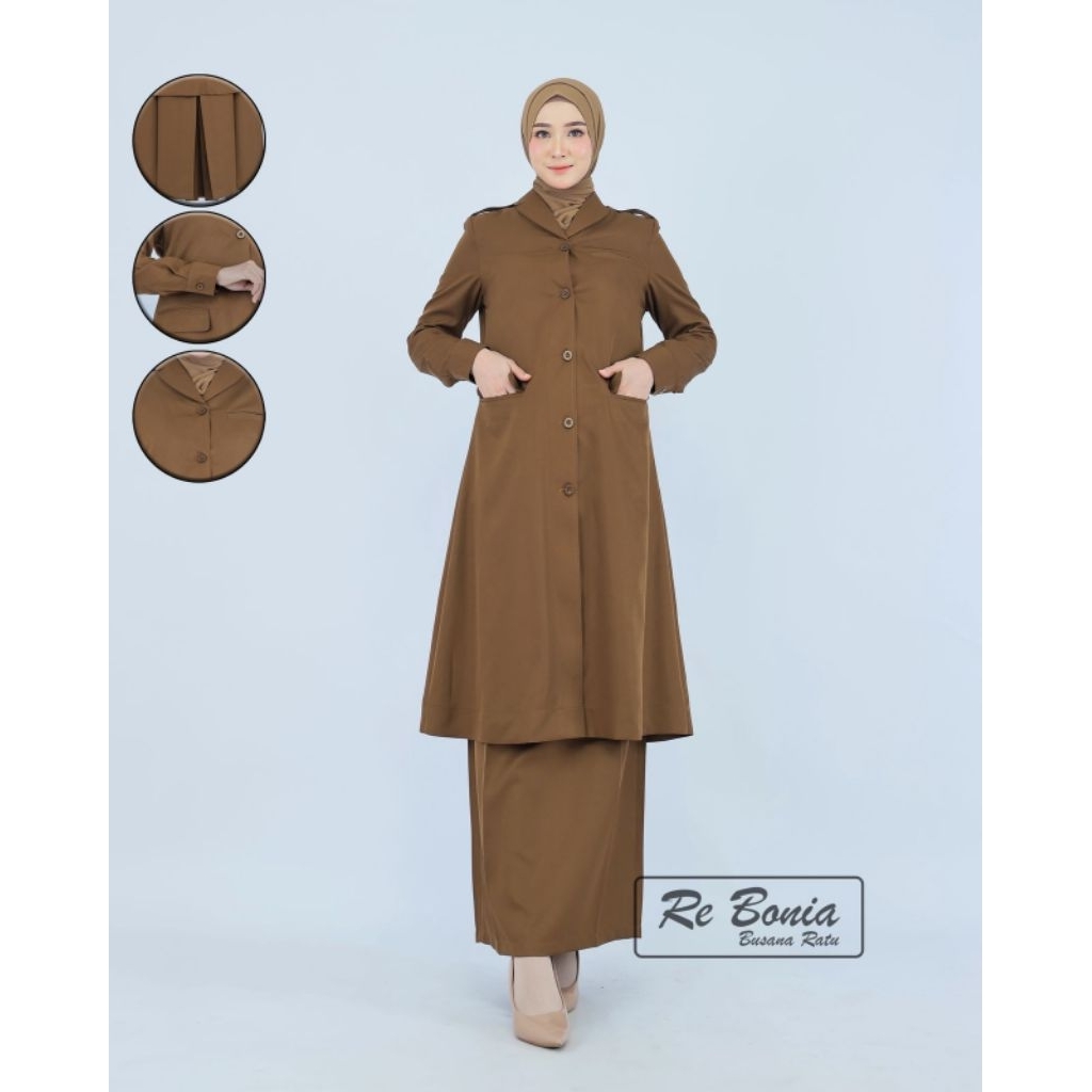 Seragam Re Bonia Baju Dinas Tunik PDH Kheki Tua Rok SPAN Non PURING , Baju Kurung PDH Kheki Tua Rok 