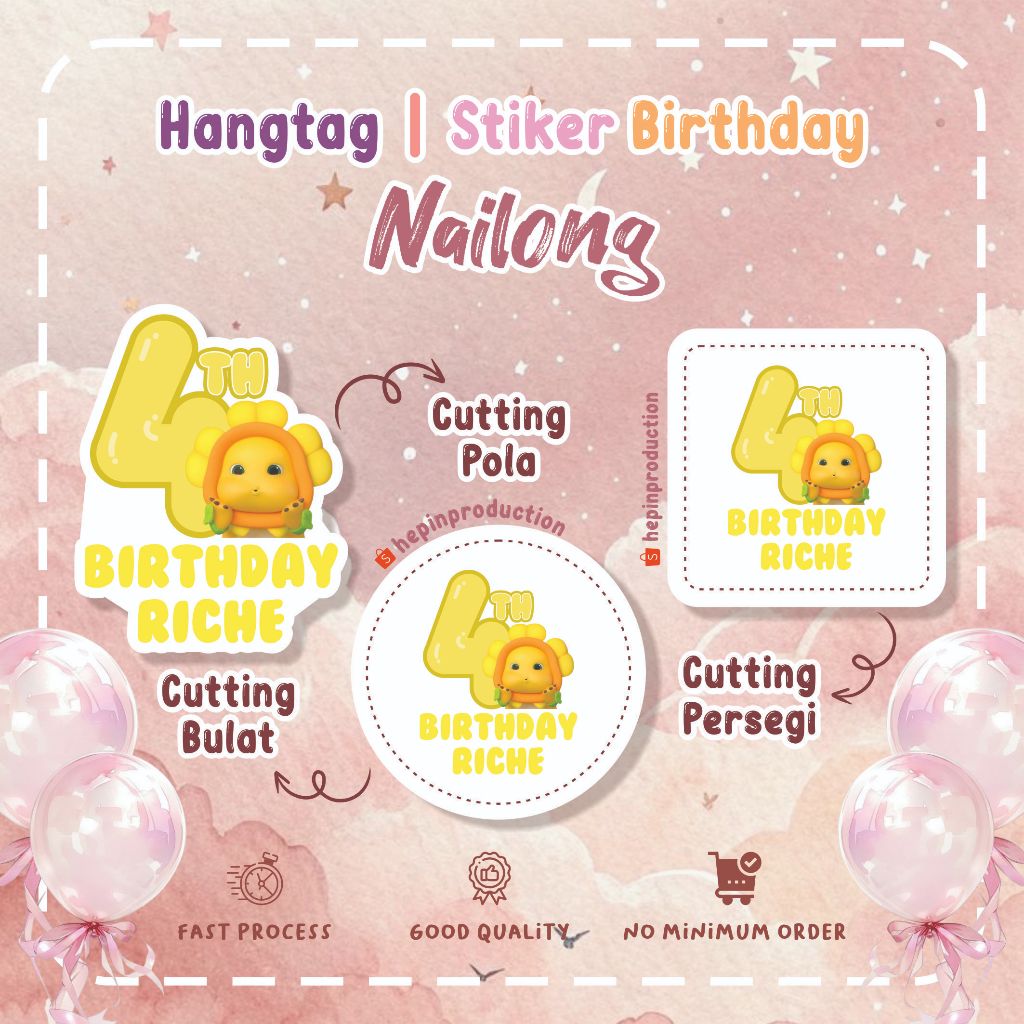(30pcs) cetak Hang tag - stiker ulang tahun karakter NAILONG - dino kuning lucu