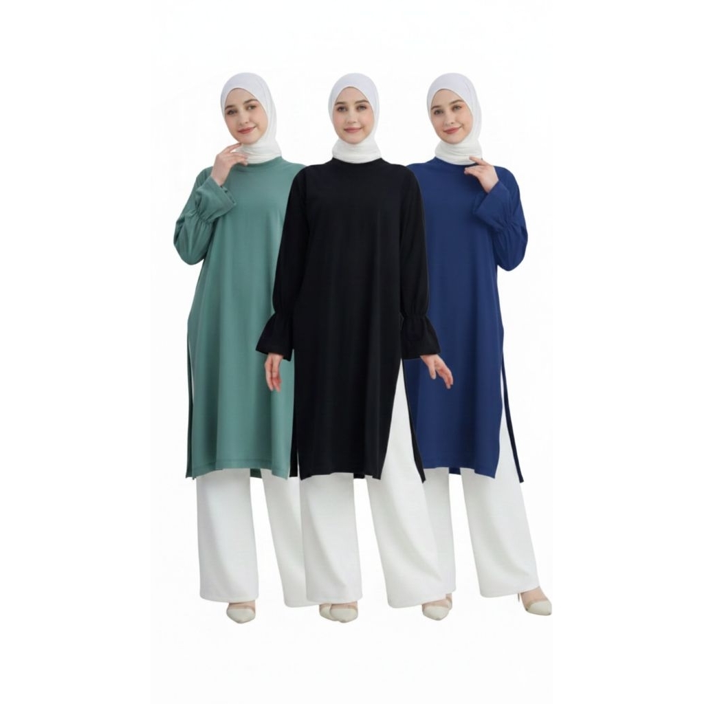 Tunic Tshirt Kaos Tunik Polos Lengan Panjang Wanita Tangan Balon Ruffle Cotton Combed 24s
