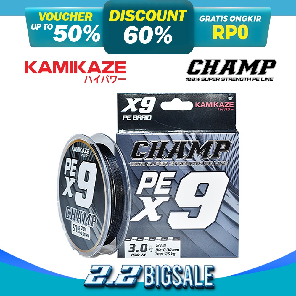 Senar PE KAMIKAZE CHAMP X9 150Meter Black SIC Technology X9 Braide 100% Senar Pancing Smooth