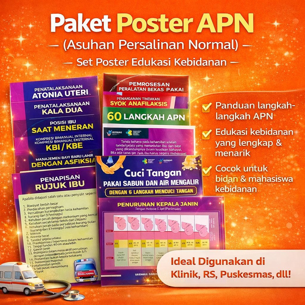 Paket Poster Kebidanan - 60 Langkah APN|Poster 1 Set APN Lengkap|60 Langkah Asuhan Persalinan Normal