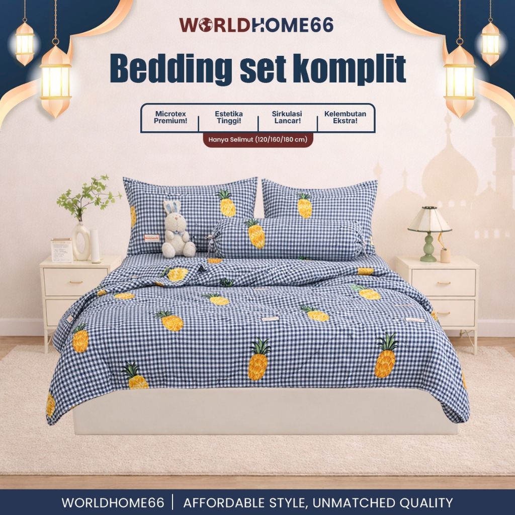 Worldhome Sprei Set Sarung Bantal guling & Selimut Set Bedcover Seprei Sarguntal Gaya Estetik Modern