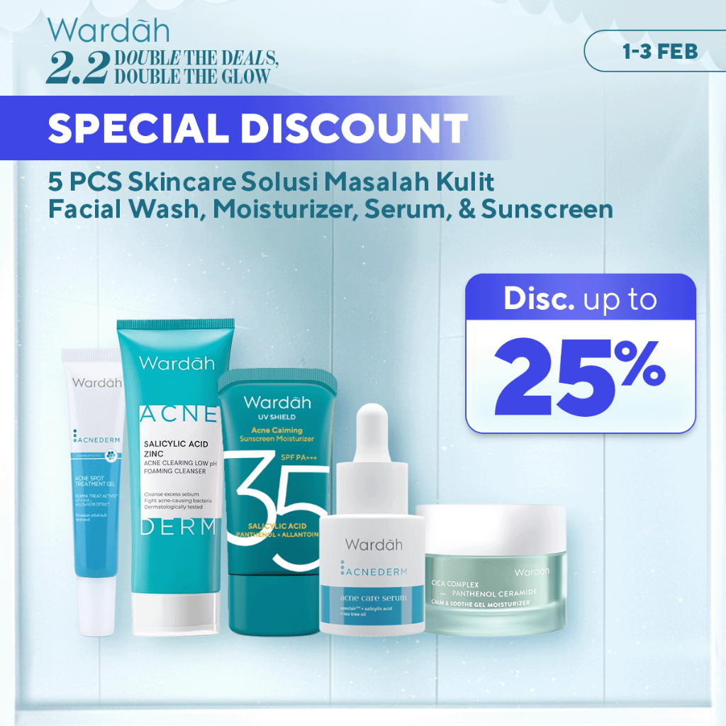 Wardah Paket 5 pcs Skincare Solusi Masalah Kulit - Facial Wash, Moisturizer, Serum, Sunscreen, & Ton