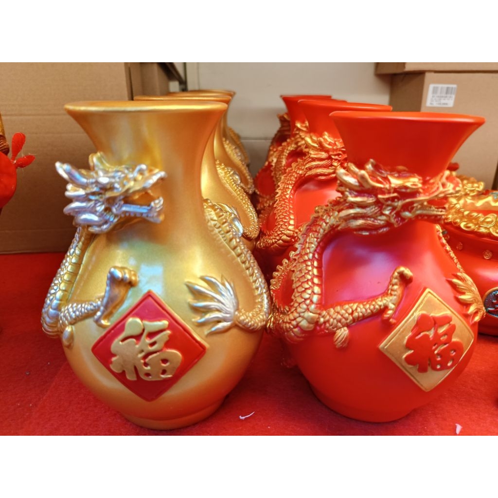 Pot / Vas Bunga Bentuk Naga (Warna Emas / Merah)