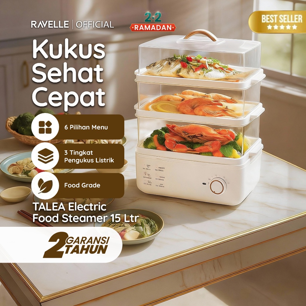 Ravelle - Electric Steamer 15 Liter Kukusan Listrik 3 Susun 800W Food Grade Clear PC Multifungsi