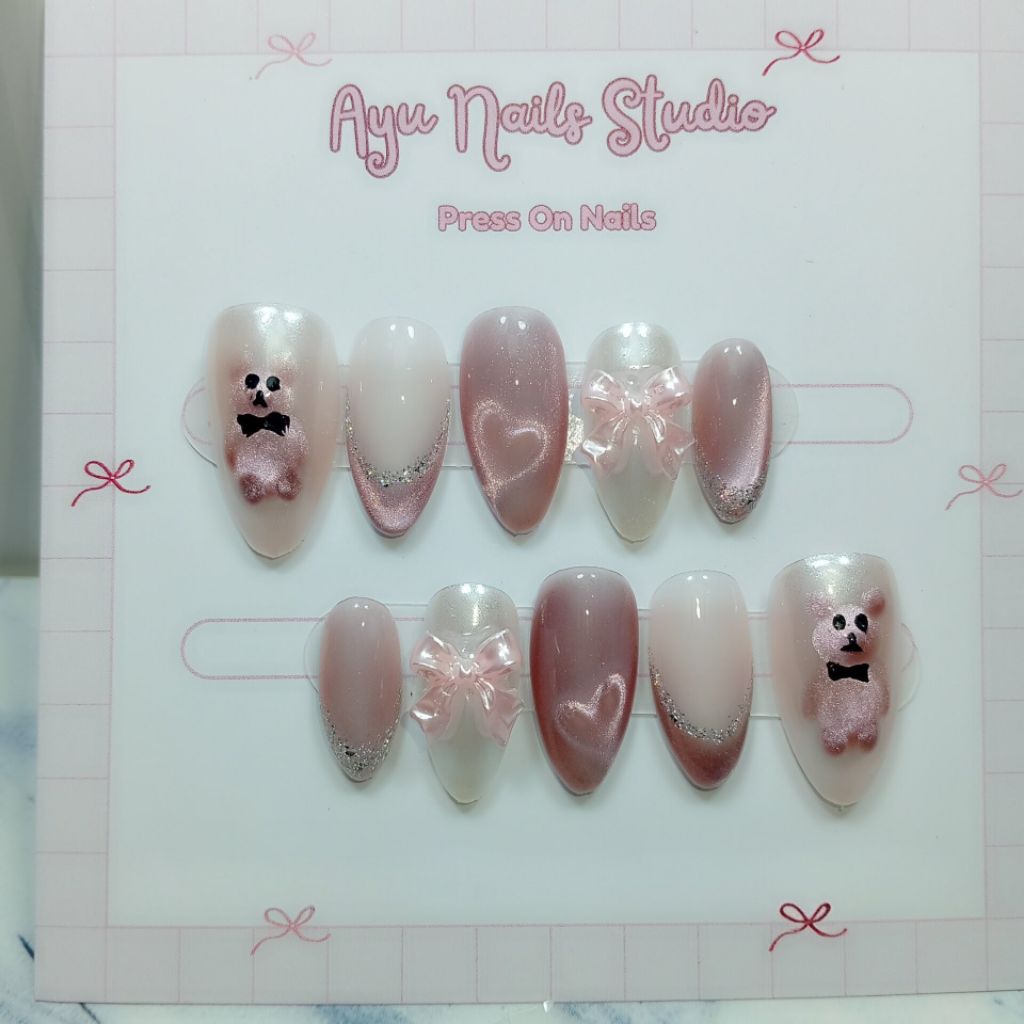 Press On Nails Kuku Palsu soft pink cat eye motif beruang cute Free Toolkits