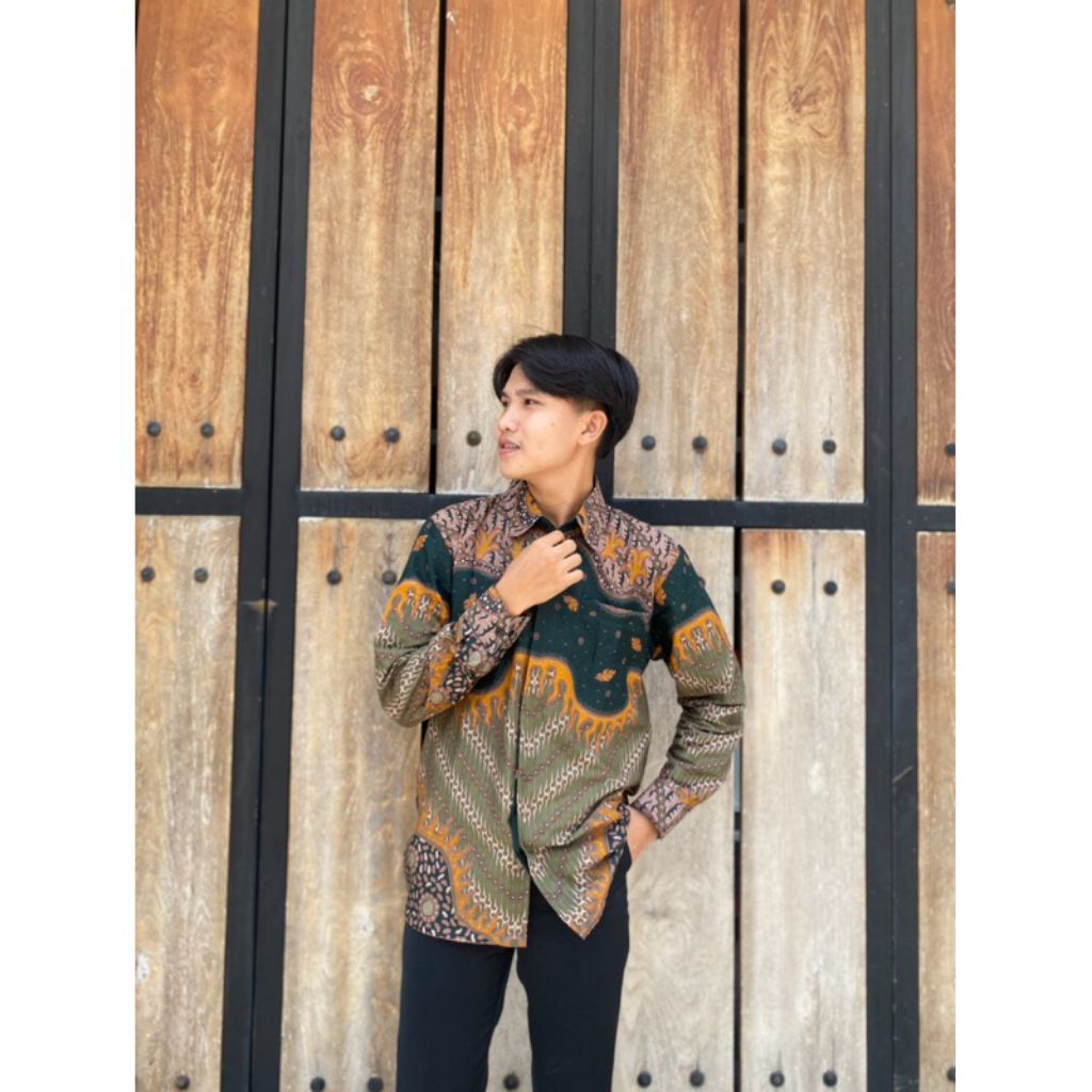 Albatik | kemeja batik pria slimfit warna hijau kombinasi kuning