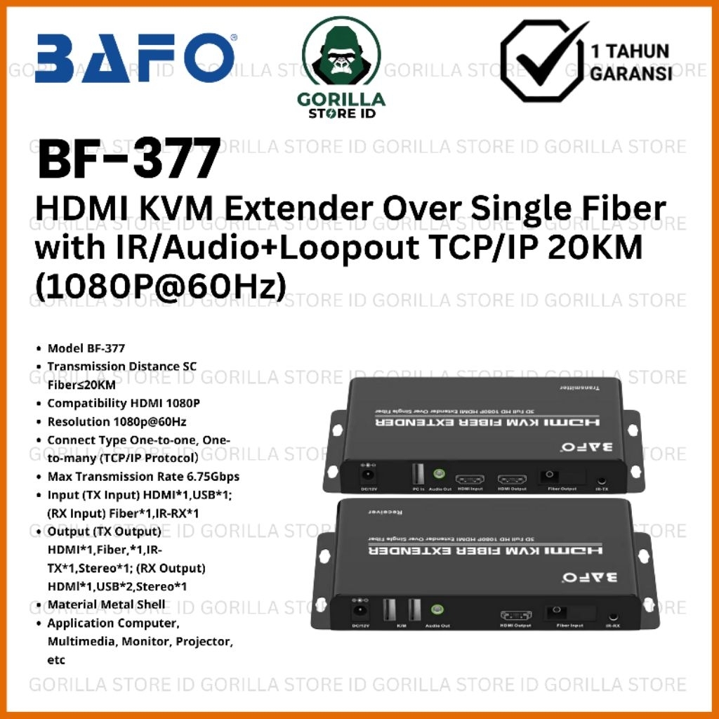 BAFO BF-377 HDMI KVM Extender Over Single Fiber with IR (20KM)