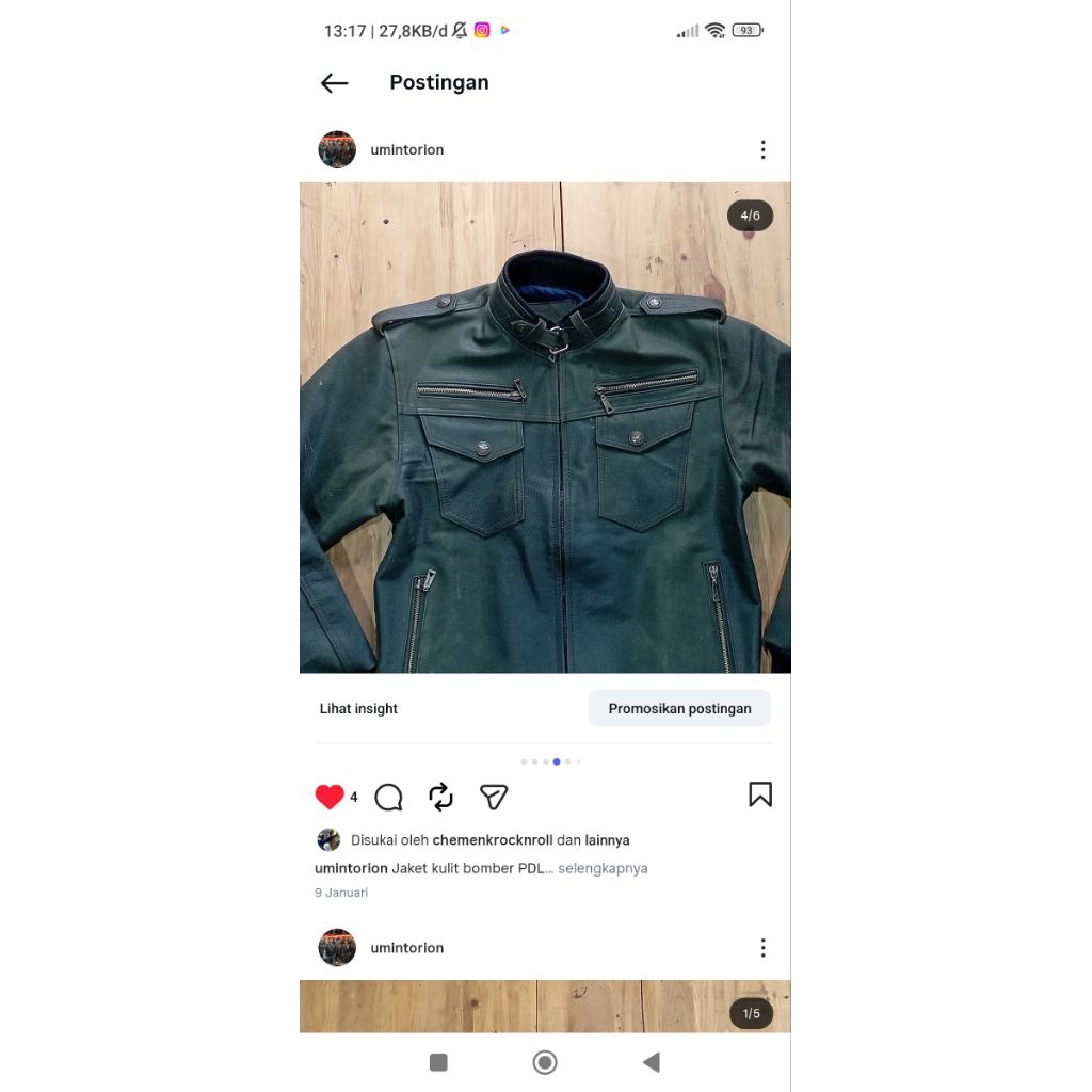 jaket kulit bomber army size M