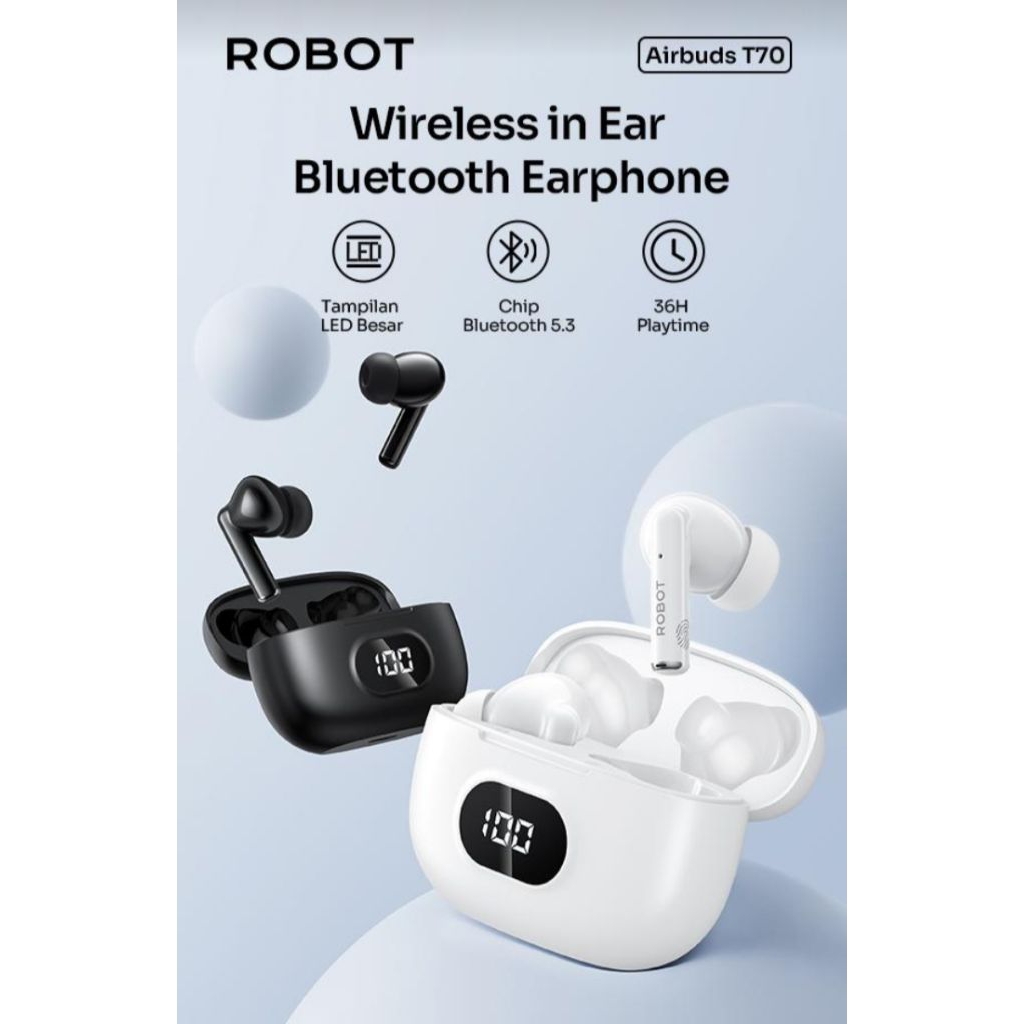 Robot Airbuds T70 LED Wireless Earphone Bluetooth TWS - New T50 T80