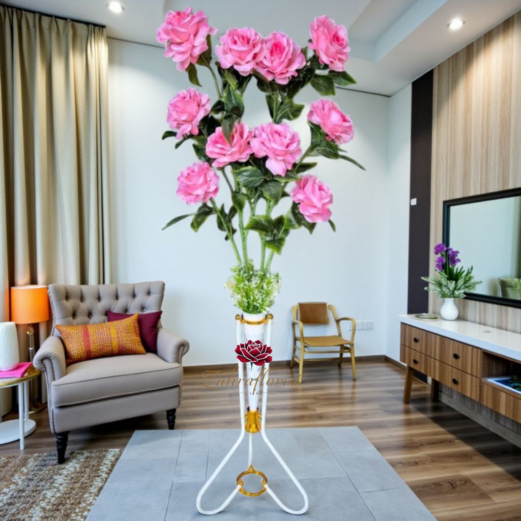 Bunga Hias Mawar Jumbo 10.Kuntum Satu set Lengkap Dengan Vas standing Besi Corong Plastik Hiasan Dek