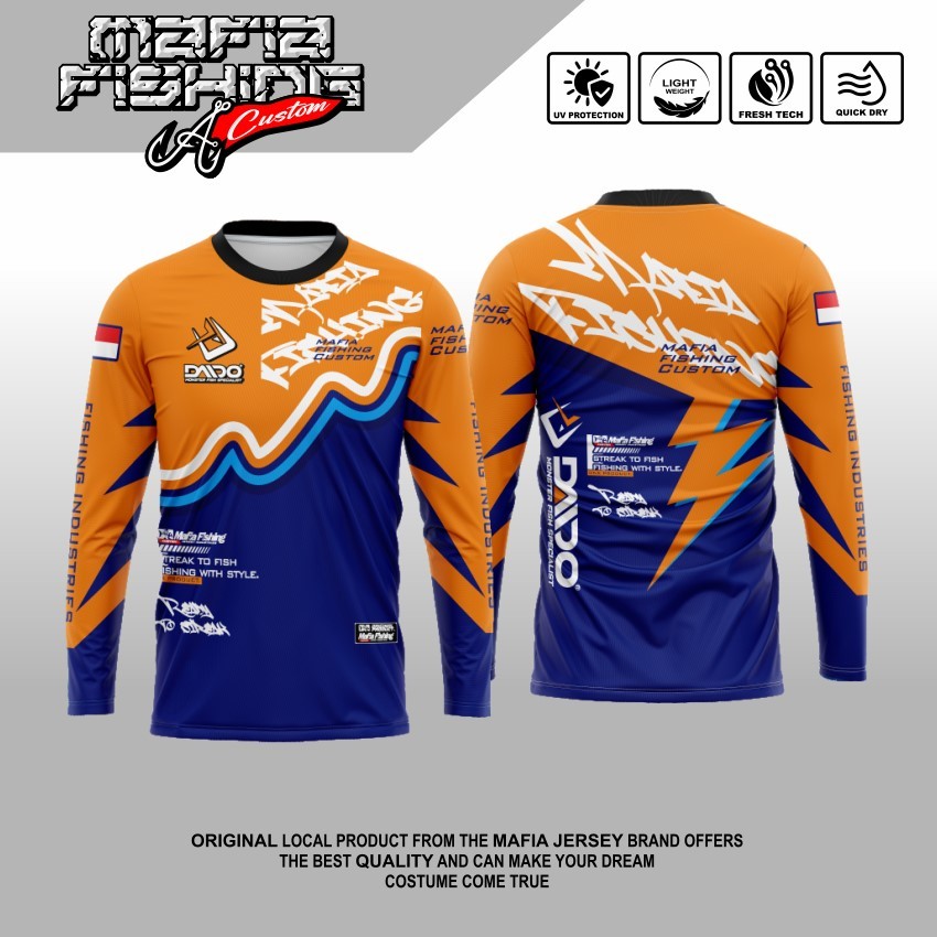Jersey Mancing Full Print Premium Model Kerah O-neck Daido Fishing Orange x Blue Bisa custom