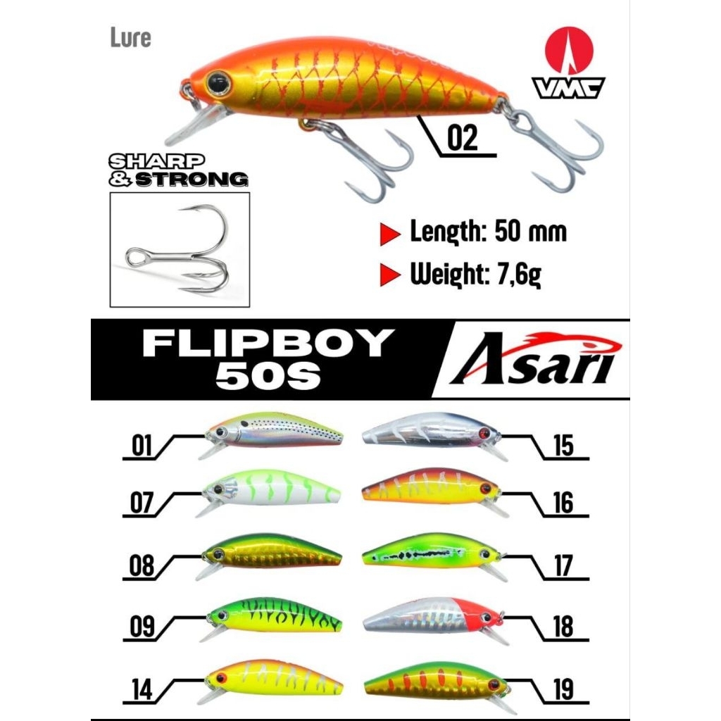 Asari Flipboy 50mm 7.6g Lure Sinking MinnowIUmpan Pancing Casting lkan Gabus & Kerapu Hook VMC