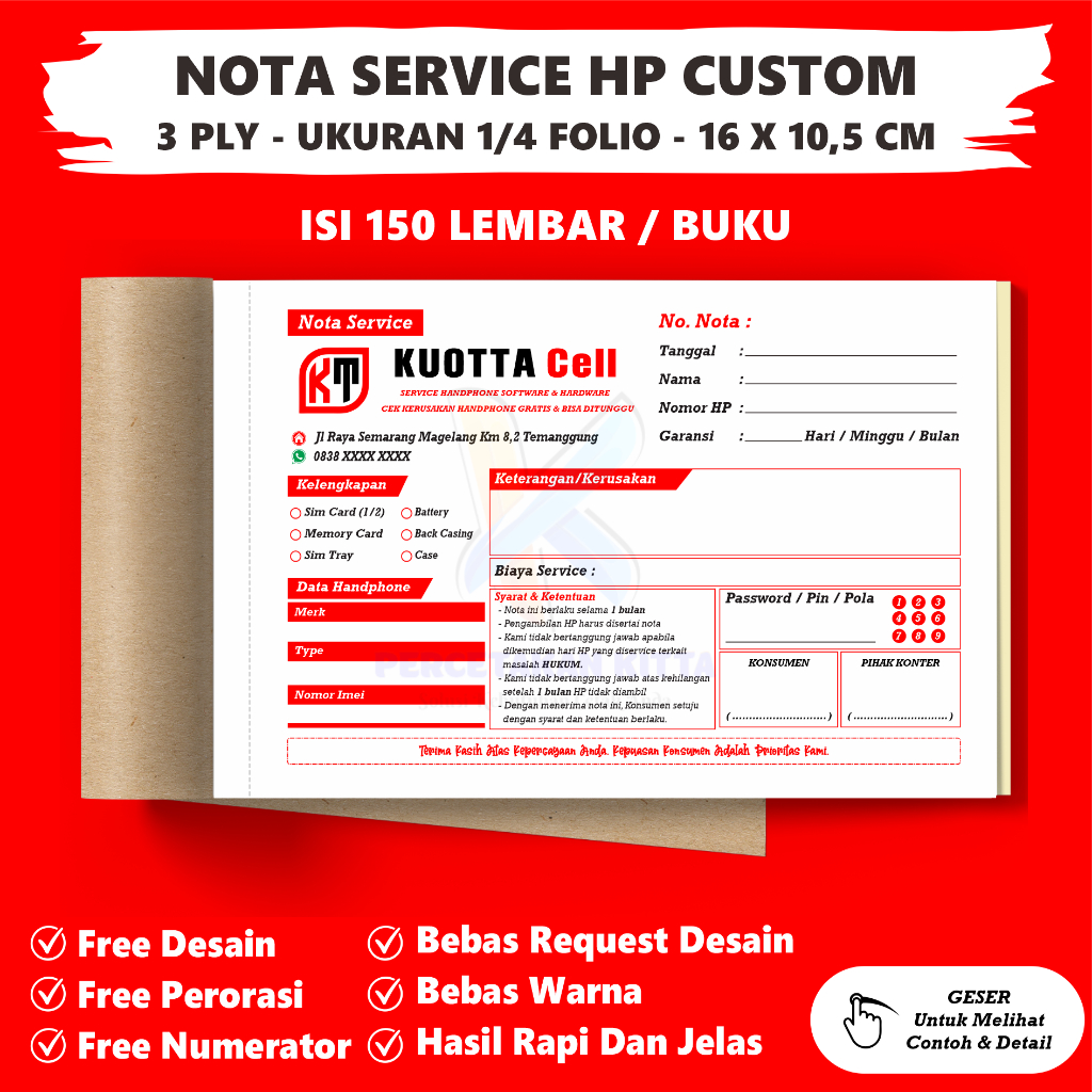 3 PLY - Nota service Hp custom ukuran 1/4 Folio