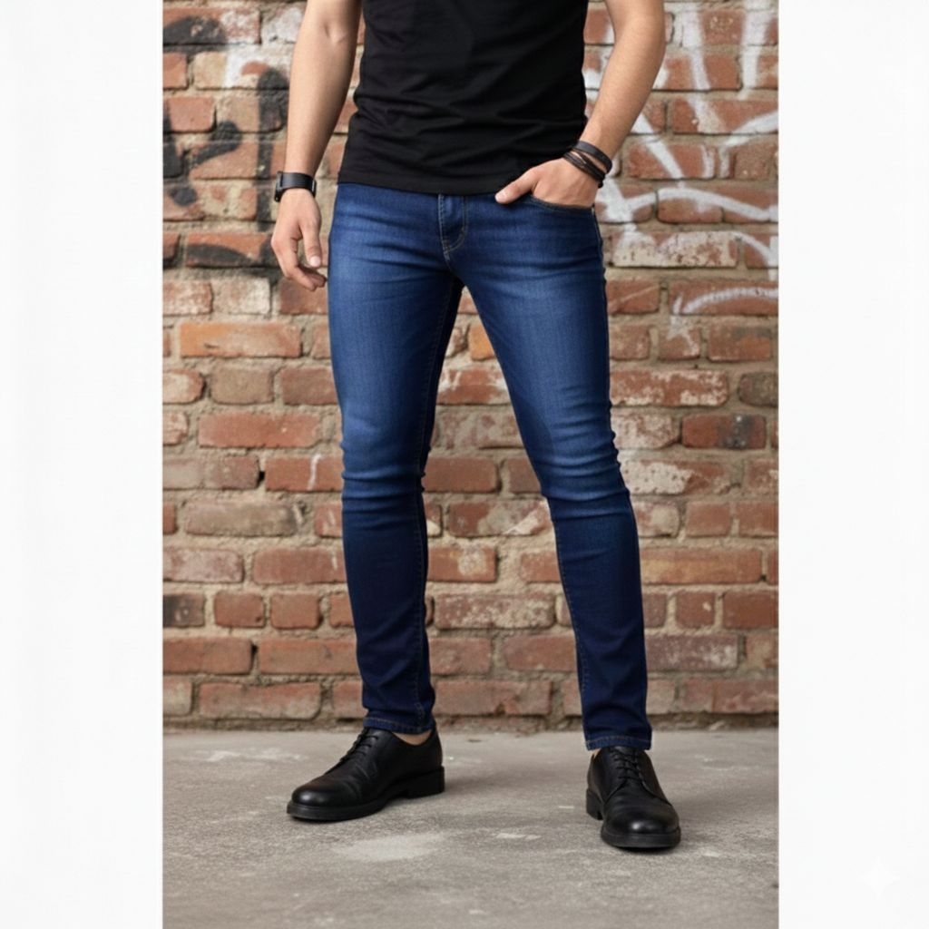 Celana jeans pensil pria biru tua (Navy slim-fit panjang/celana jeans pensil/celana kekinian pria/ce
