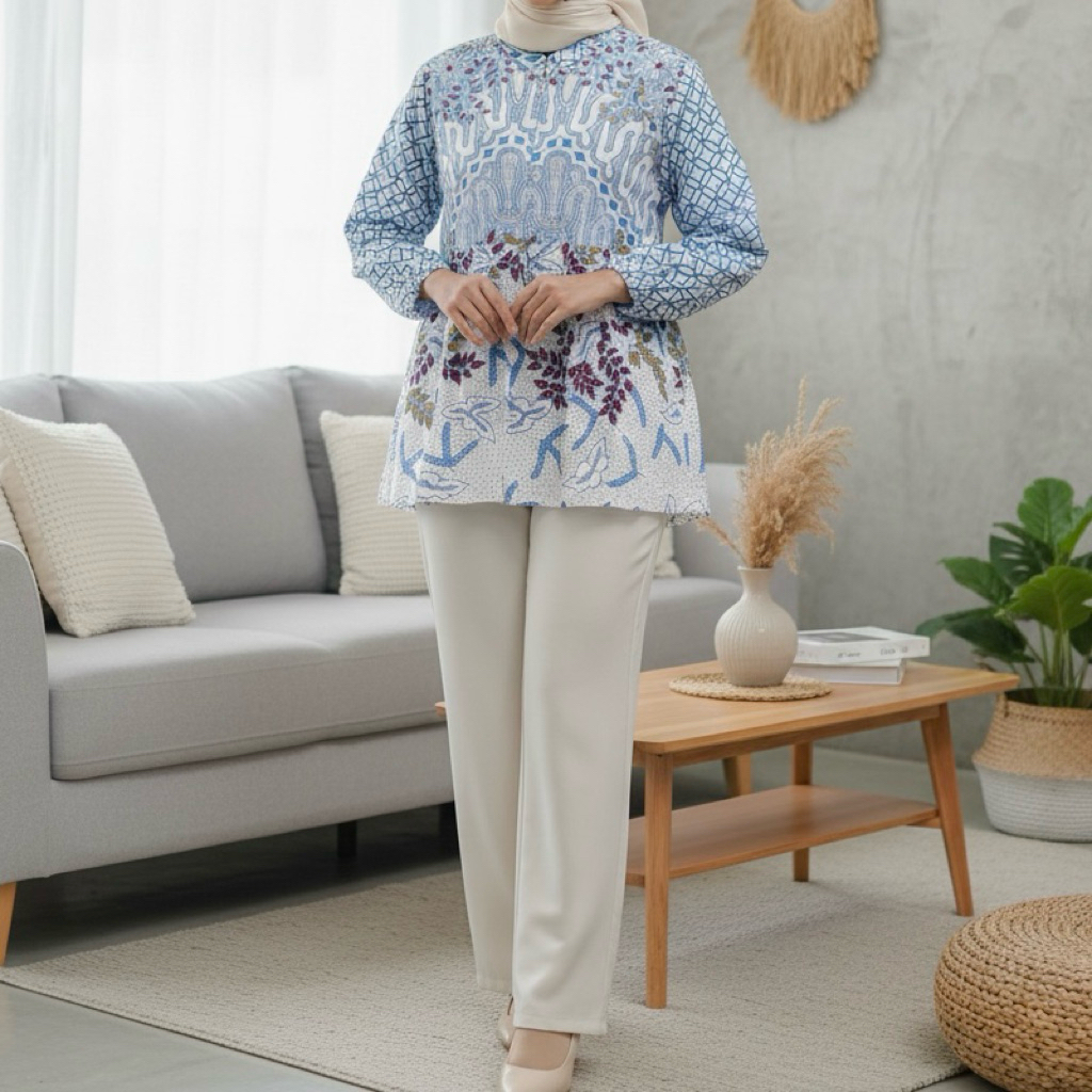 Blouse batik model babydoll lengan panjang