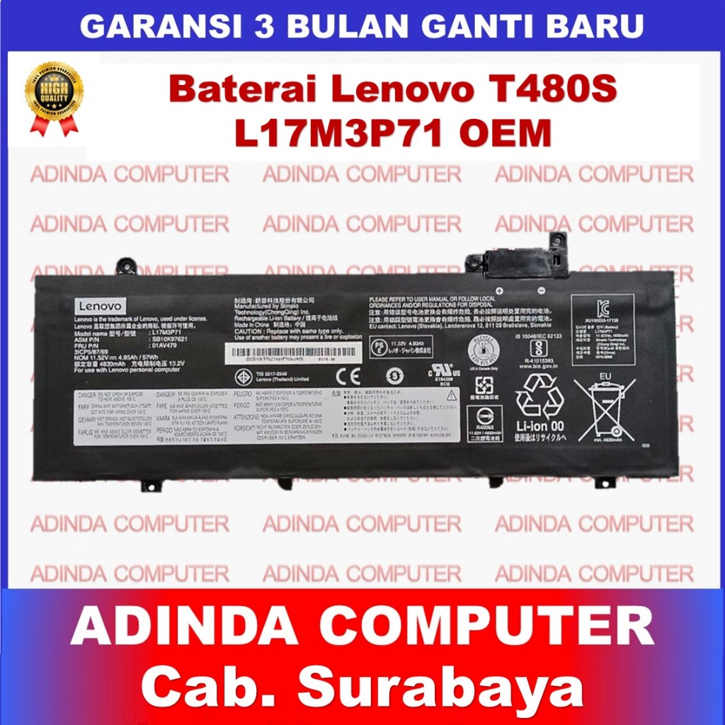 Baterai Lenovo Thinkpad T480S 01AV478 01AV479 01AV480 L17L3P71 L17S3P71 SB10K97620