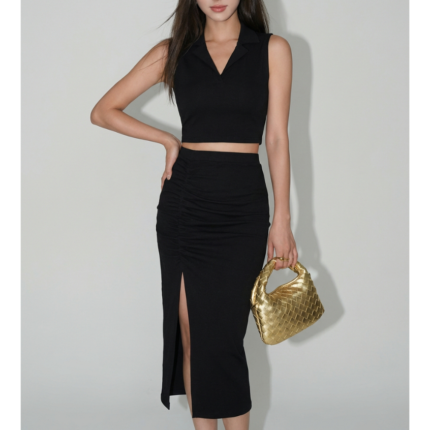 99kOUTLET One Set Dress Sleeveless V Neck Crop Top & Split Midi Skirt 1368 (S/M/L/XL)