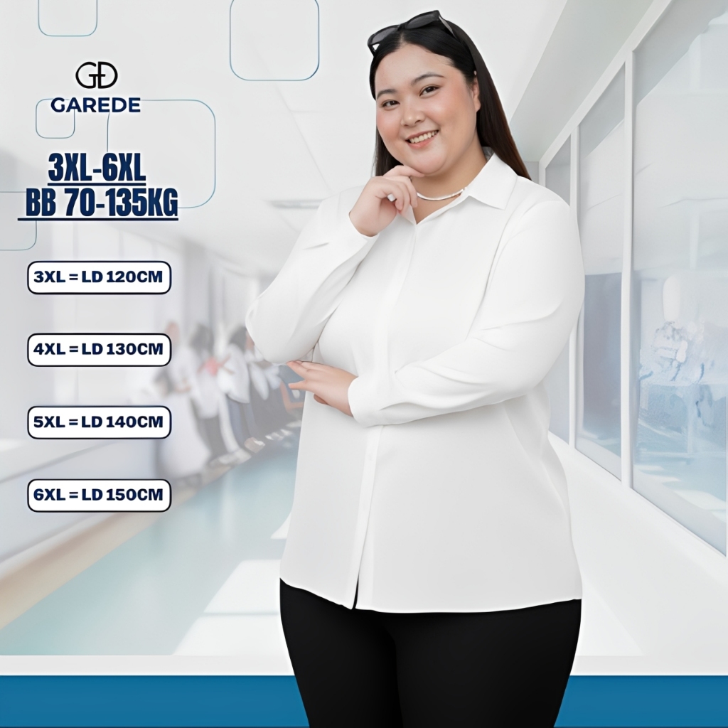 Garede - Kemeja Putih Wanita Jumbo LD 120 130 140 150 Hem Lengan Panjang Baju Kerja Kantor Putih