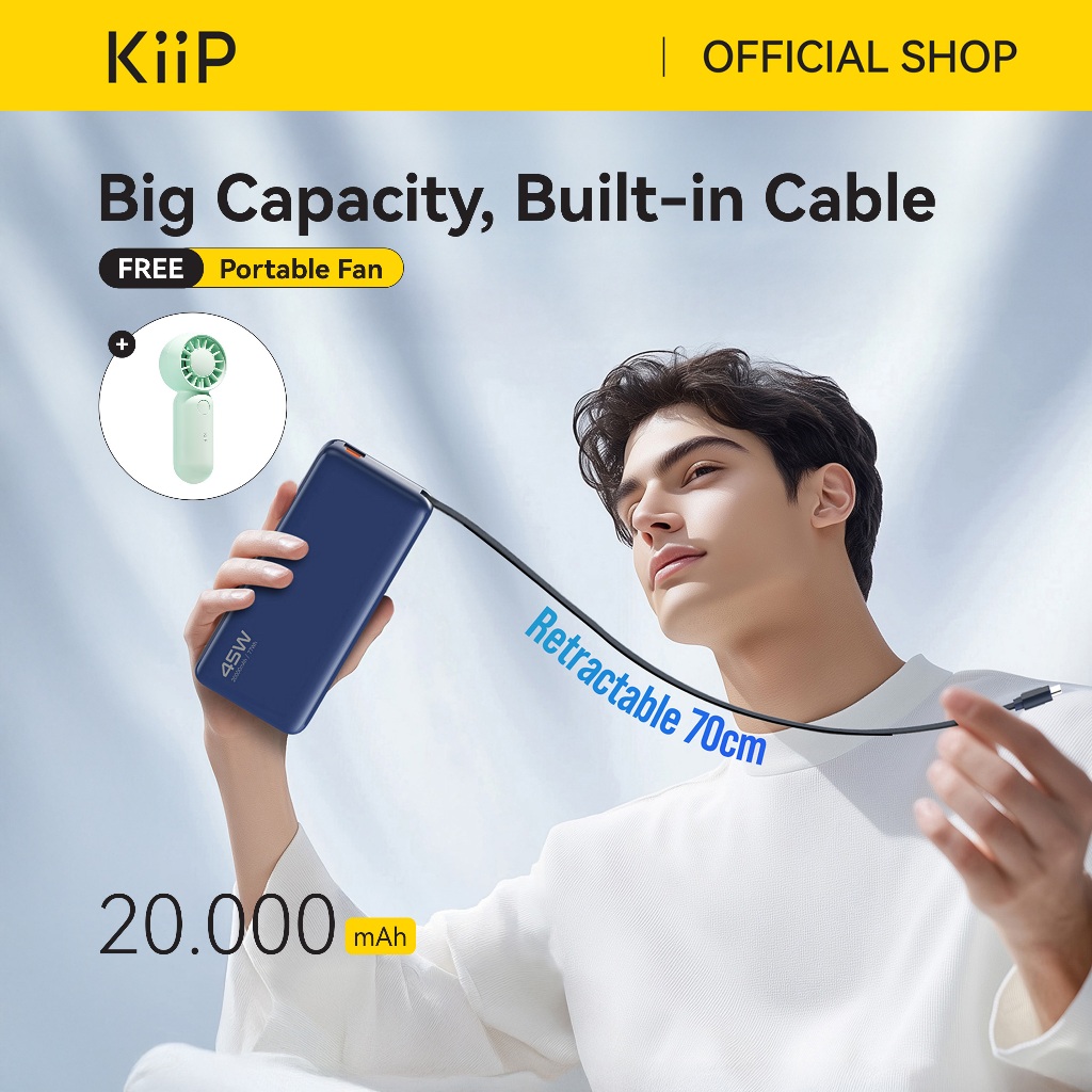 KiiP E66 PowerBank Retractable Cable 20000mAh PD QC PPS Fast Charging 45W