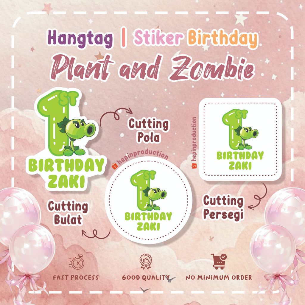 (30pcs) cetak Hang tag - stiker label ulang tahun tema PLANT VS ZOMBIE - tag hampers game