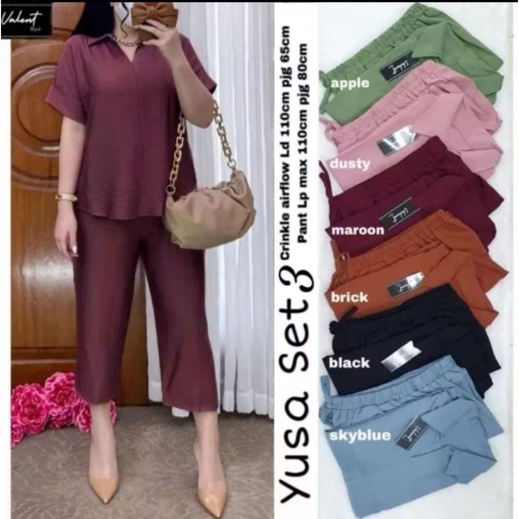 Baju Set Yusa setelan Wanita//Oneset Lengan Pendek Crinkle Kekinian