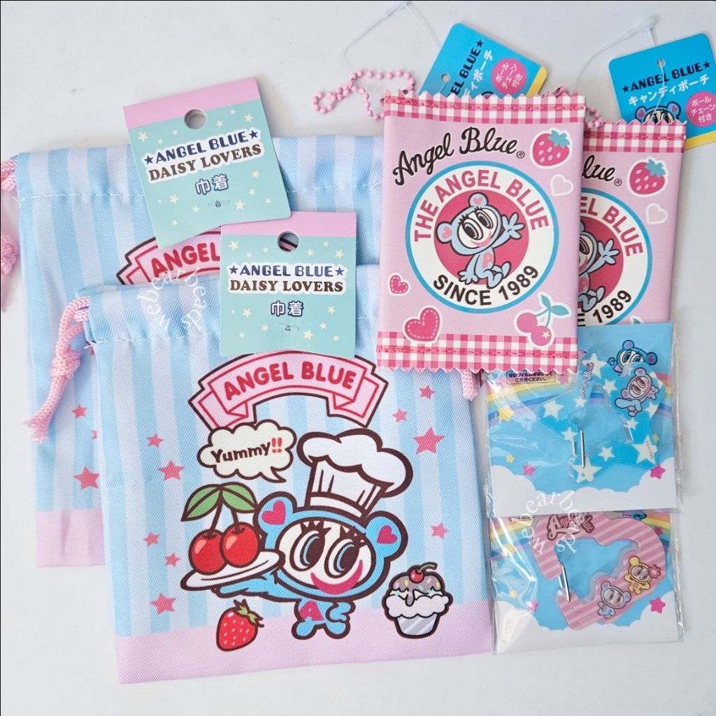 [Ready Stock] Angel Blue Pouch Make Up Dompet Koin Carabiner Pink Japan