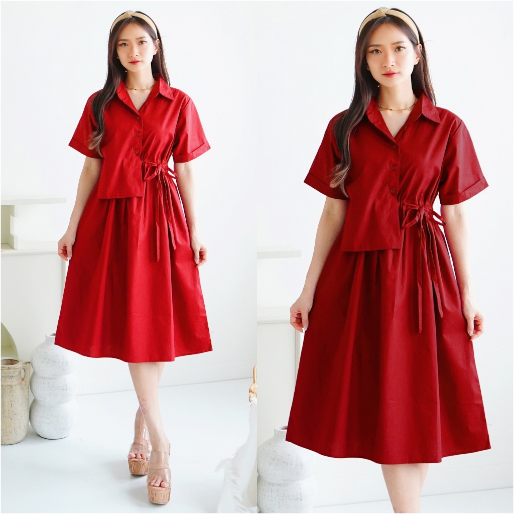 Dress Polos V neck pinggang Karet Terusan Korea Modern Baju Remaja Kekinian