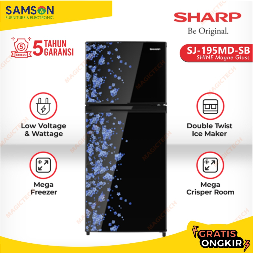 SHARP Kulkas 2 Pintu SJ-195MD-SB SHINE Magne Glass Mega Freezer Sakura Blue SJ-195 172 L