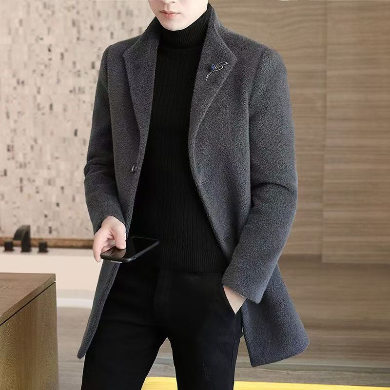 Jas pria panjang sedang gaya Korea, slim fit, tebal, mantel wol