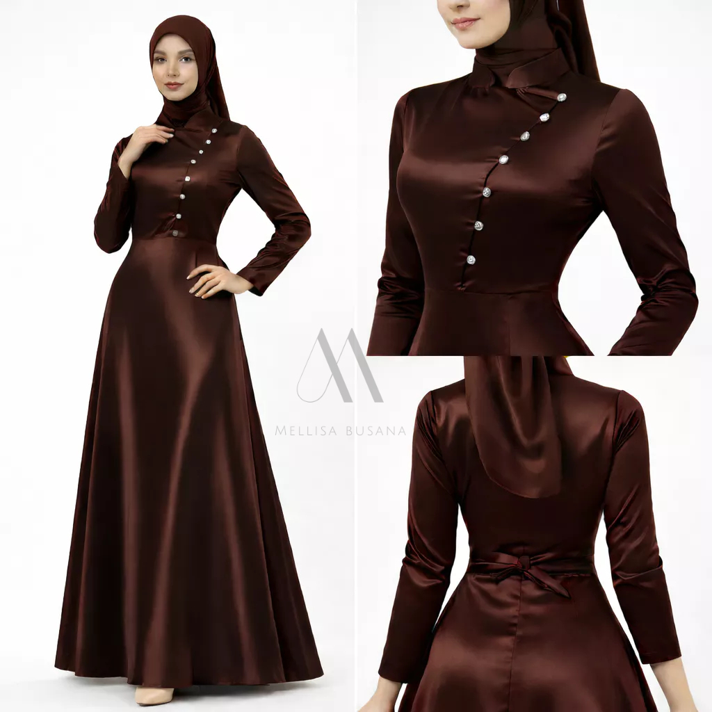Dress Polos Gamis Lebaran Kondangan Wisuda Pesta Kombinasi Payet Mutiara Model Silang Bahan Satin