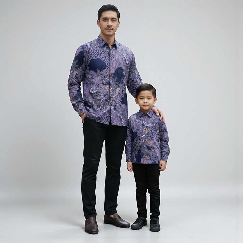 Kemeja Batik Couple Ayah Anak Biru Dongker, Kemeja Batik Pria Dongker, Batik Pria Navy,