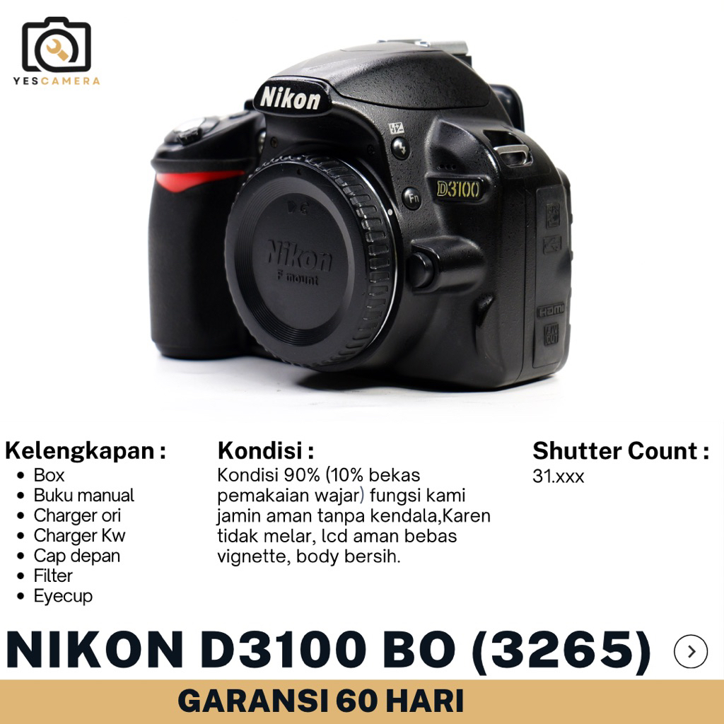 Nikon D3100 Body Only (Bekas) - 14.2MP, Video Full HD, APSC -Fullset Box(3265)